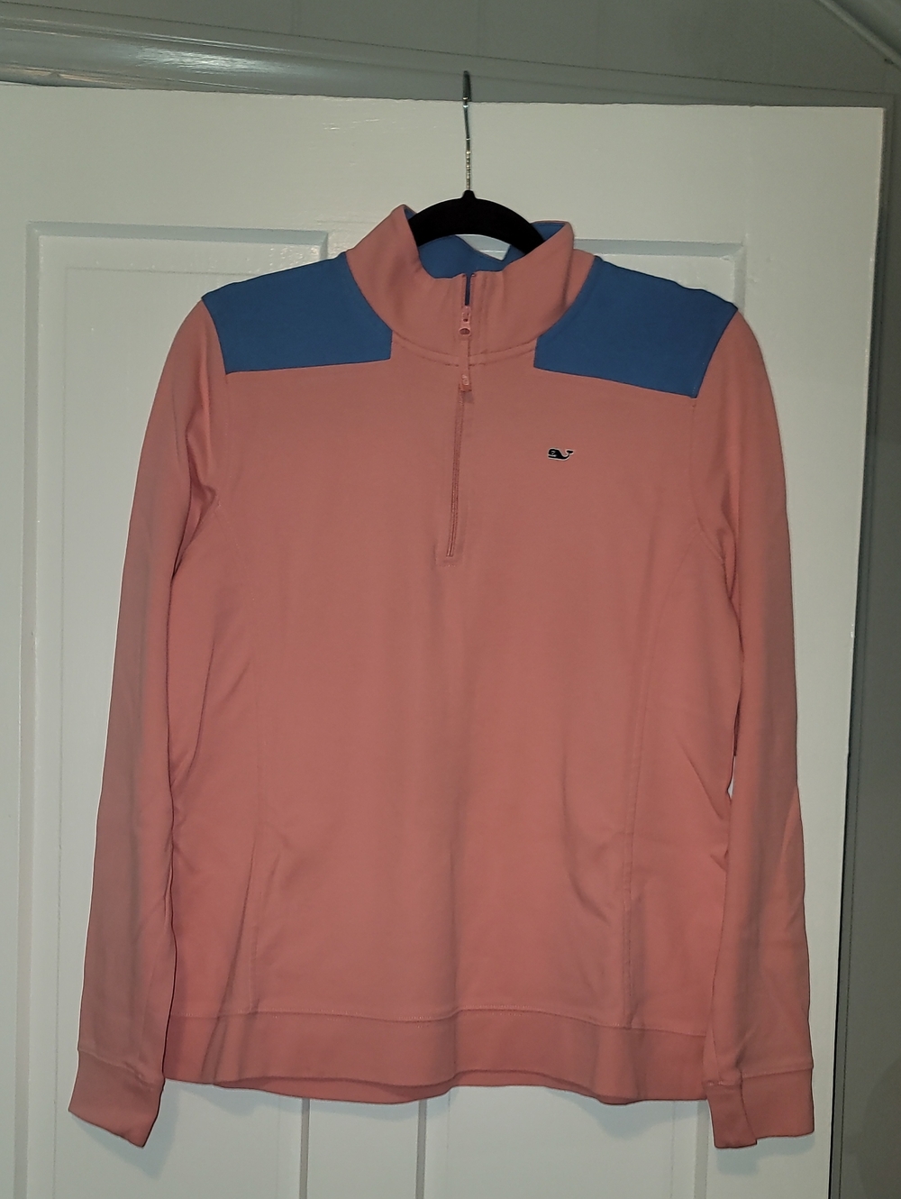 Vineyard Vines Women's Coral Pink Quarter-Zip with Blue Shoulder Panels